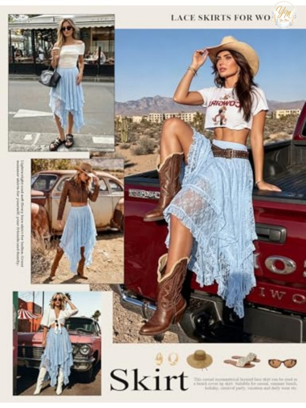 Flowy Boho Maxi Skirt with Floral Lace, Elastic Waist, Ruffle Hem, Sheer - Picture 5 of 6